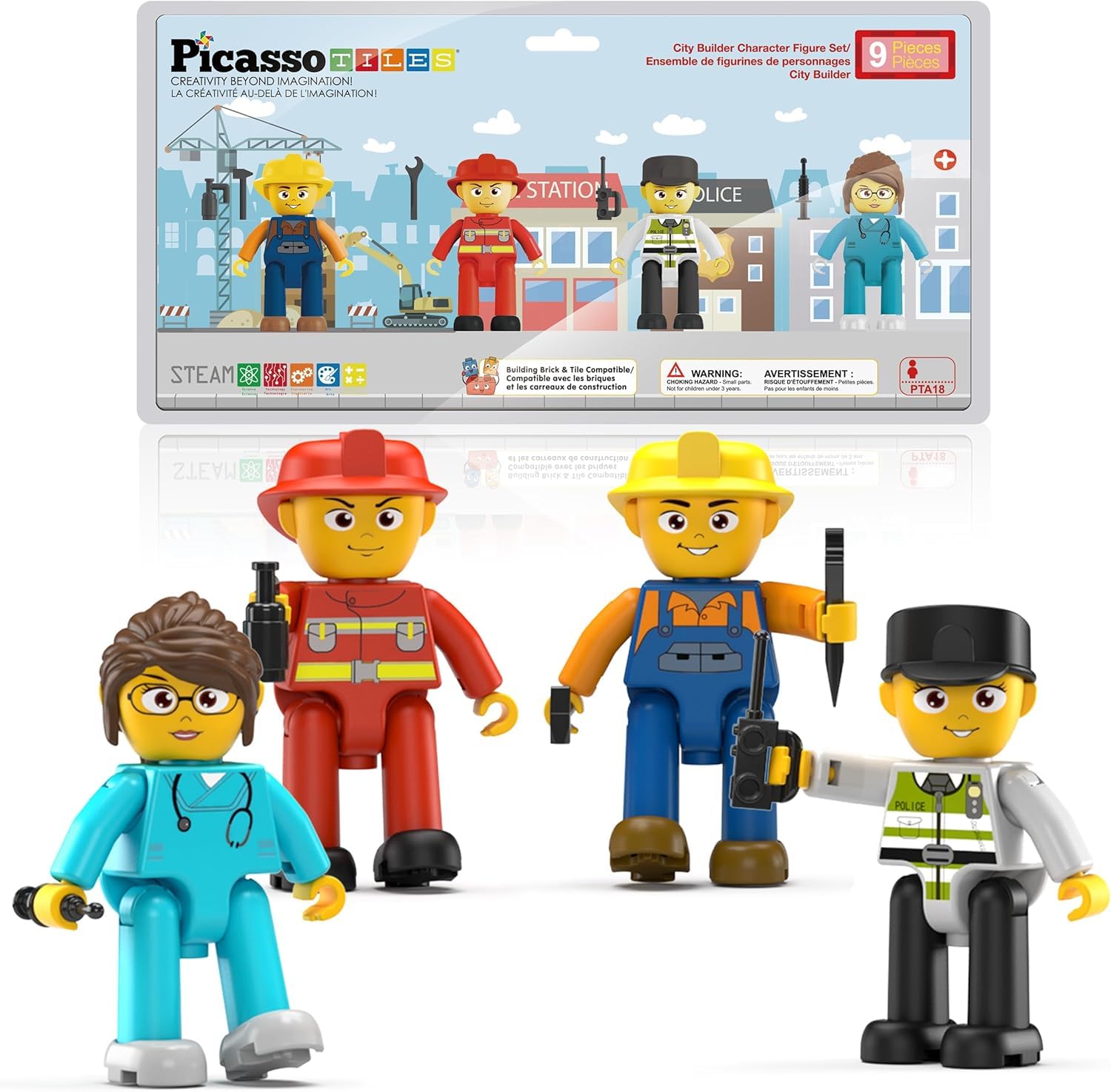 PicassoTiles 4-Piece Magnetic Action Figures: Fireman, Nurse, Police, Construction – STEM Building Toy Expansion Set for Ages 3+