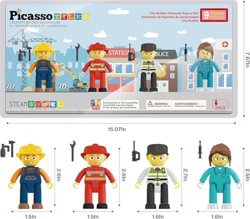 PicassoTiles 4-Piece Magnetic Action Figures: Fireman, Nurse, Police, Construction – STEM Building Toy Expansion Set for Ages 3+