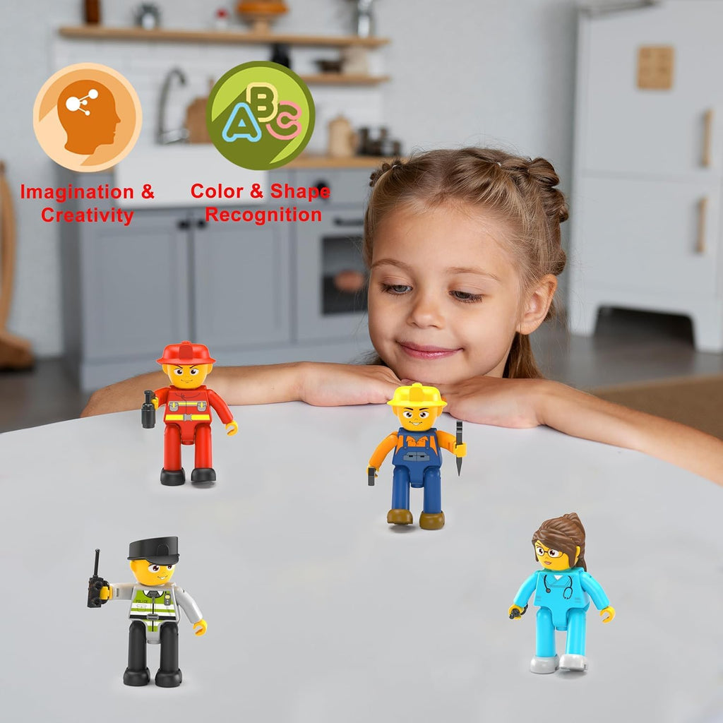 PicassoTiles 4-Piece Magnetic Action Figures: Fireman, Nurse, Police, Construction – STEM Building Toy Expansion Set for Ages 3+
