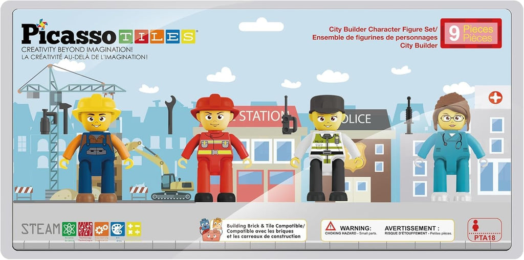 PicassoTiles 4-Piece Magnetic Action Figures: Fireman, Nurse, Police, Construction – STEM Building Toy Expansion Set for Ages 3+