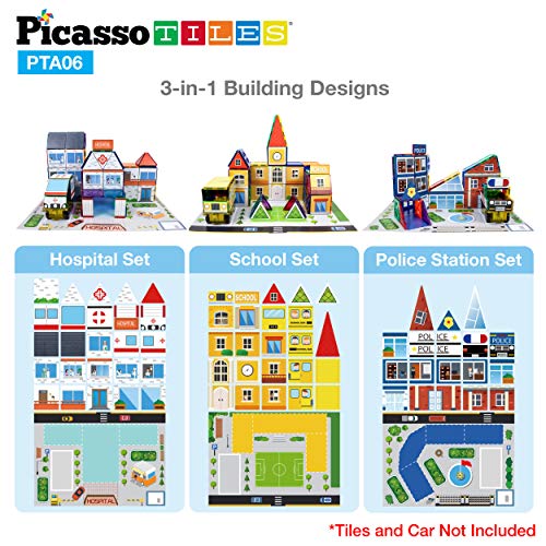 PicassoTiles 80-Piece 3-in-1 Theme Set – School, Hospital, Police Station Stick-On Graphics for Magnetic Building Blocks