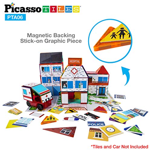 PicassoTiles 80-Piece 3-in-1 Theme Set – School, Hospital, Police Station Stick-On Graphics for Magnetic Building Blocks
