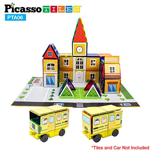 PicassoTiles 80-Piece 3-in-1 Theme Set – School, Hospital, Police Station Stick-On Graphics for Magnetic Building Blocks