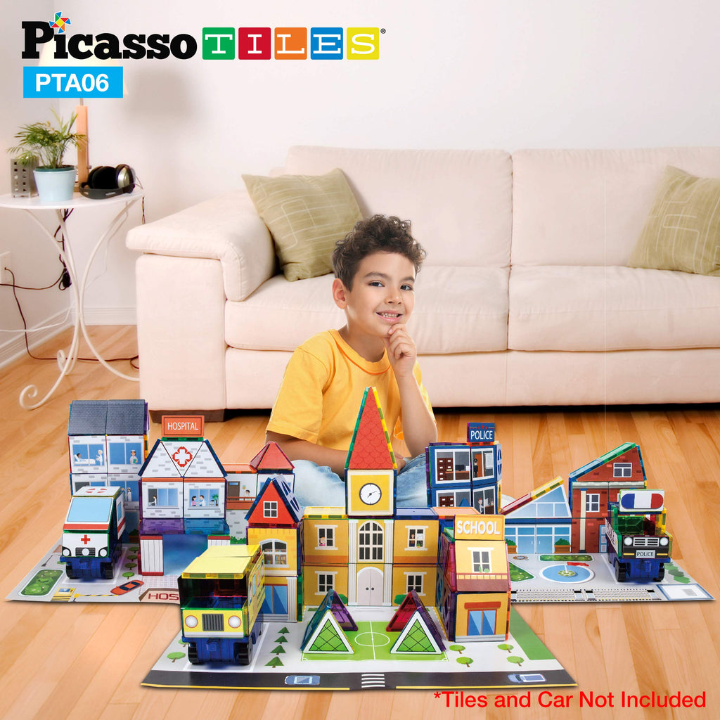 PicassoTiles 80-Piece 3-in-1 Theme Set – School, Hospital, Police Station Stick-On Graphics for Magnetic Building Blocks