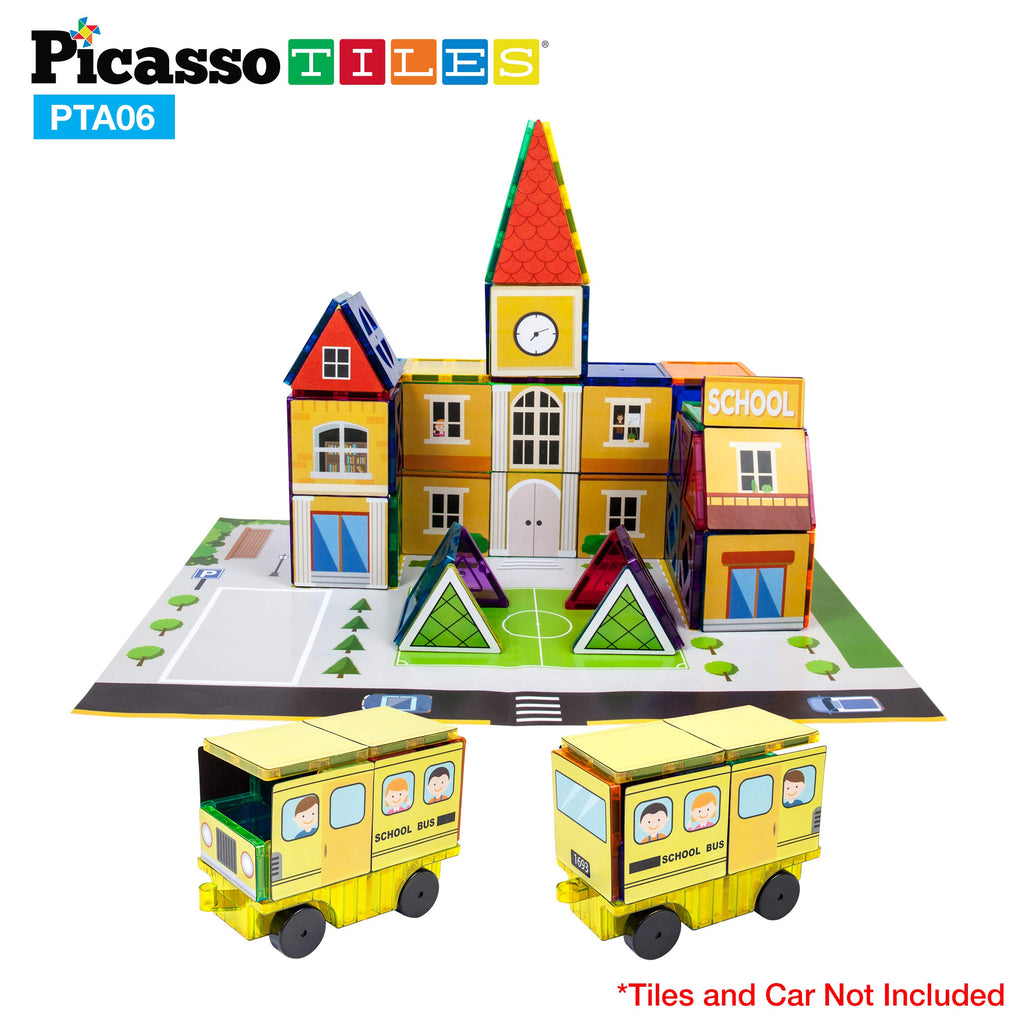 PicassoTiles 80-Piece 3-in-1 Theme Set – School, Hospital, Police Station Stick-On Graphics for Magnetic Building Blocks