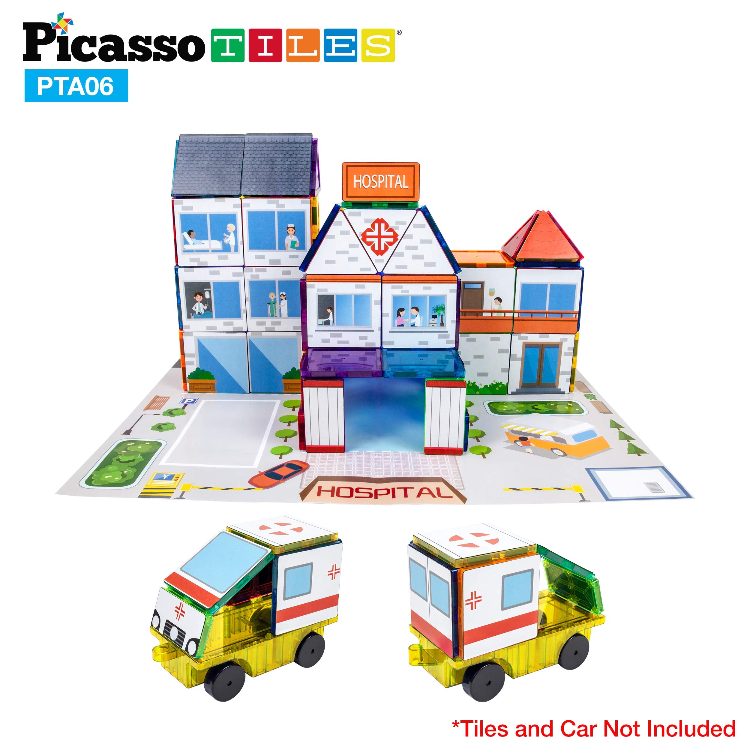 PicassoTiles 80-Piece 3-in-1 Theme Set – School, Hospital, Police Station Stick-On Graphics for Magnetic Building Blocks