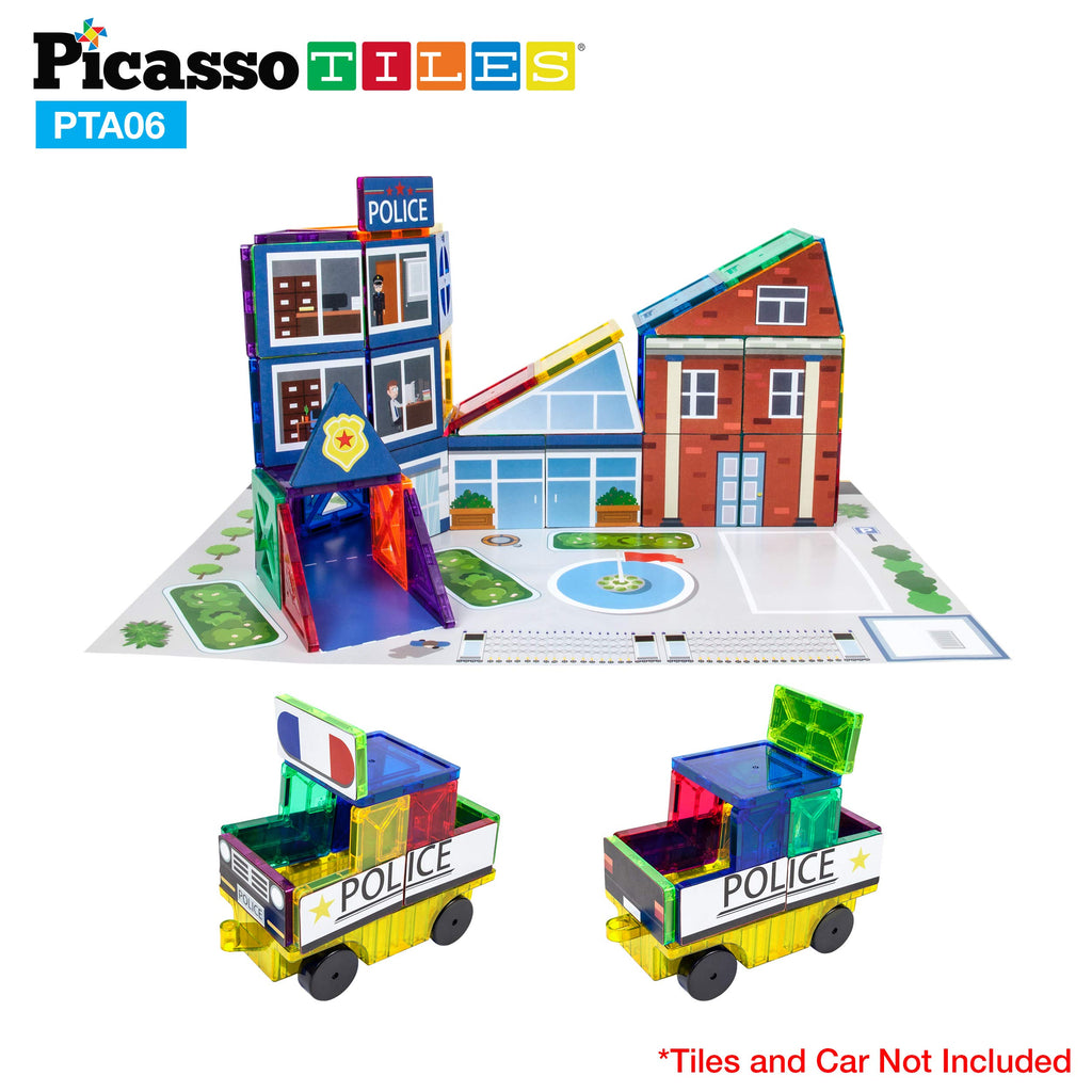 PicassoTiles 80-Piece 3-in-1 Theme Set – School, Hospital, Police Station Stick-On Graphics for Magnetic Building Blocks
