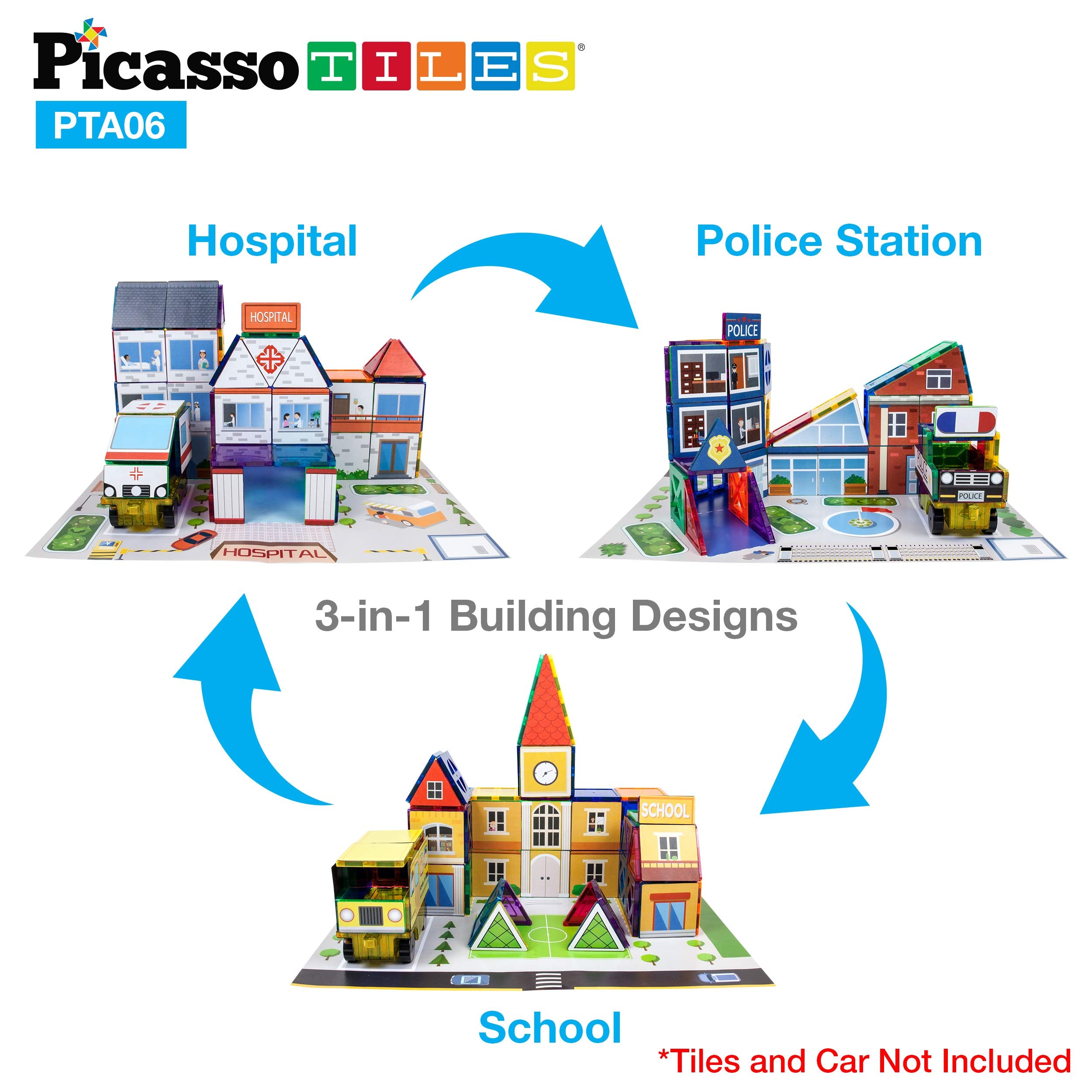 PicassoTiles 80-Piece 3-in-1 Theme Set – School, Hospital, Police Station Stick-On Graphics for Magnetic Building Blocks
