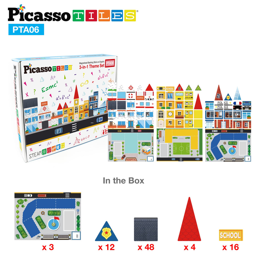 PicassoTiles 80-Piece 3-in-1 Theme Set – School, Hospital, Police Station Stick-On Graphics for Magnetic Building Blocks