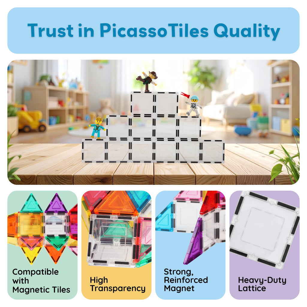 PicassoTiles Clear Transparent Magnetic Tile Expansion Set (12-Piece) STEM Building Toy for Kids Age 3+