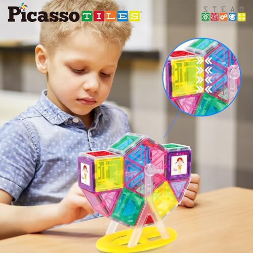 PicassoTiles Ferris Wheel Magnetic Tile Accessory Kit - 9 Pieces Rotating STEM Toy for Ages 3+