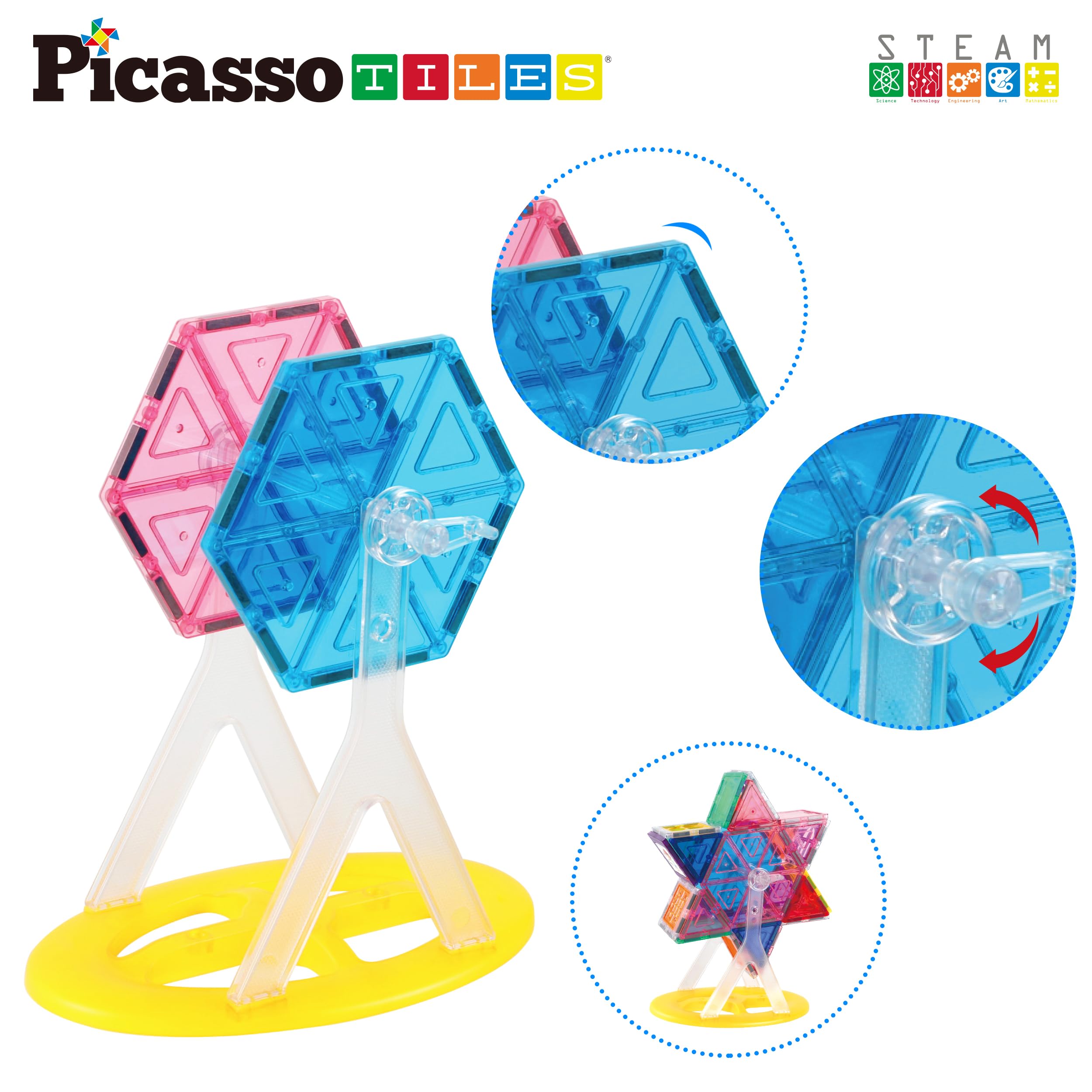 PicassoTiles Ferris Wheel Magnetic Tile Accessory Kit - 9 Pieces Rotating STEM Toy for Ages 3+