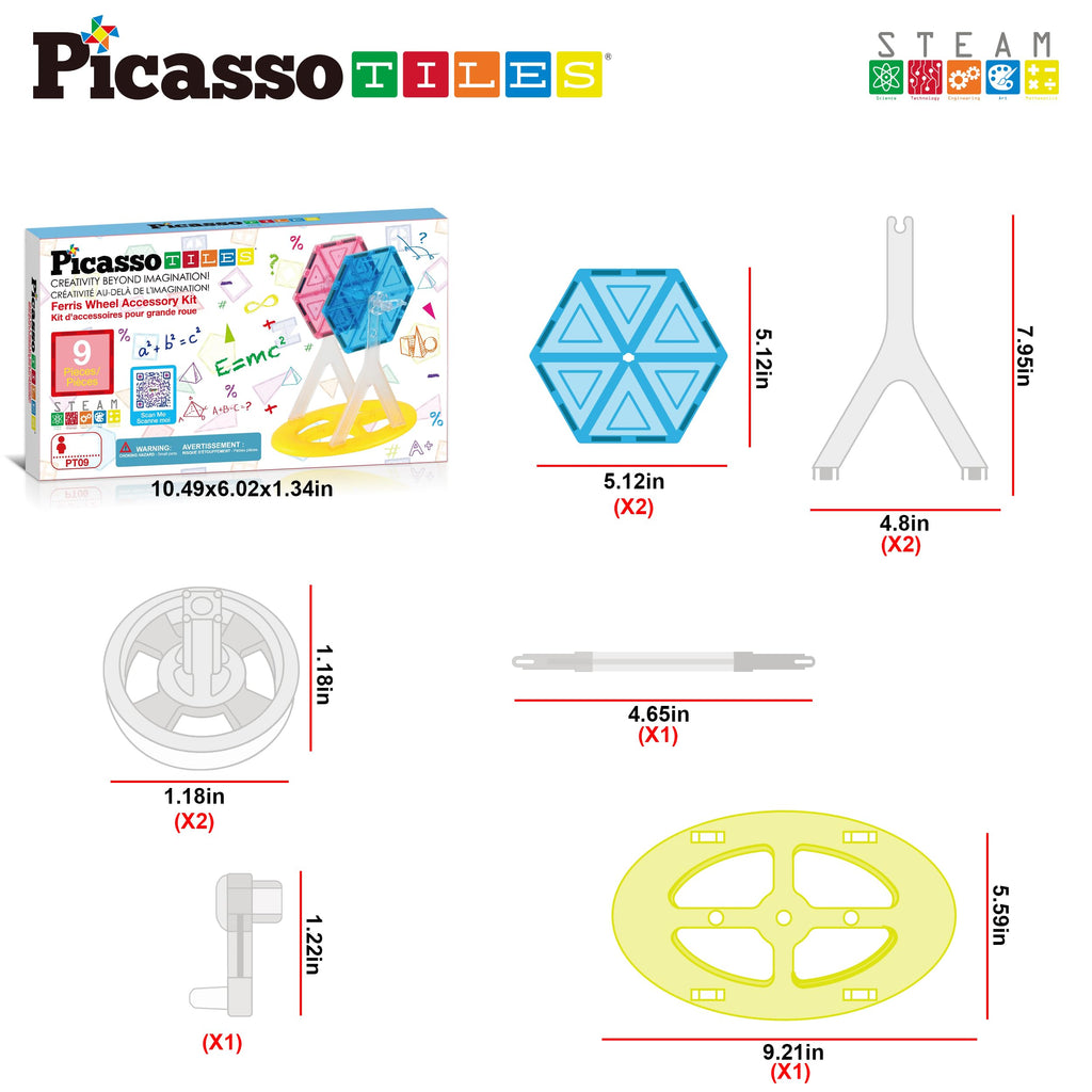 PicassoTiles Ferris Wheel Magnetic Tile Accessory Kit - 9 Pieces Rotating STEM Toy for Ages 3+