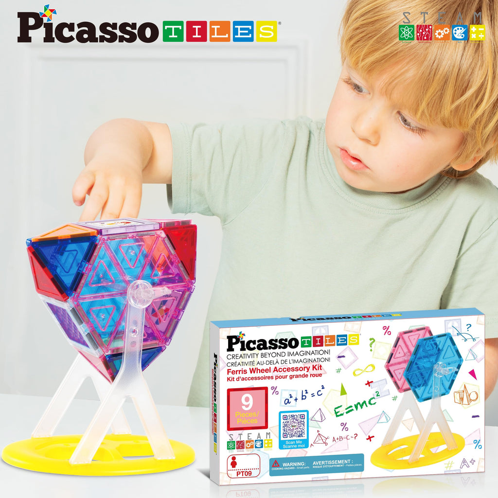 PicassoTiles Ferris Wheel Magnetic Tile Accessory Kit - 9 Pieces Rotating STEM Toy for Ages 3+
