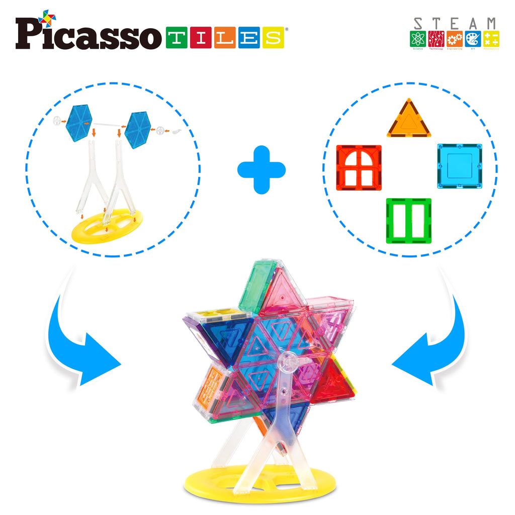 PicassoTiles Ferris Wheel Magnetic Tile Accessory Kit - 9 Pieces Rotating STEM Toy for Ages 3+
