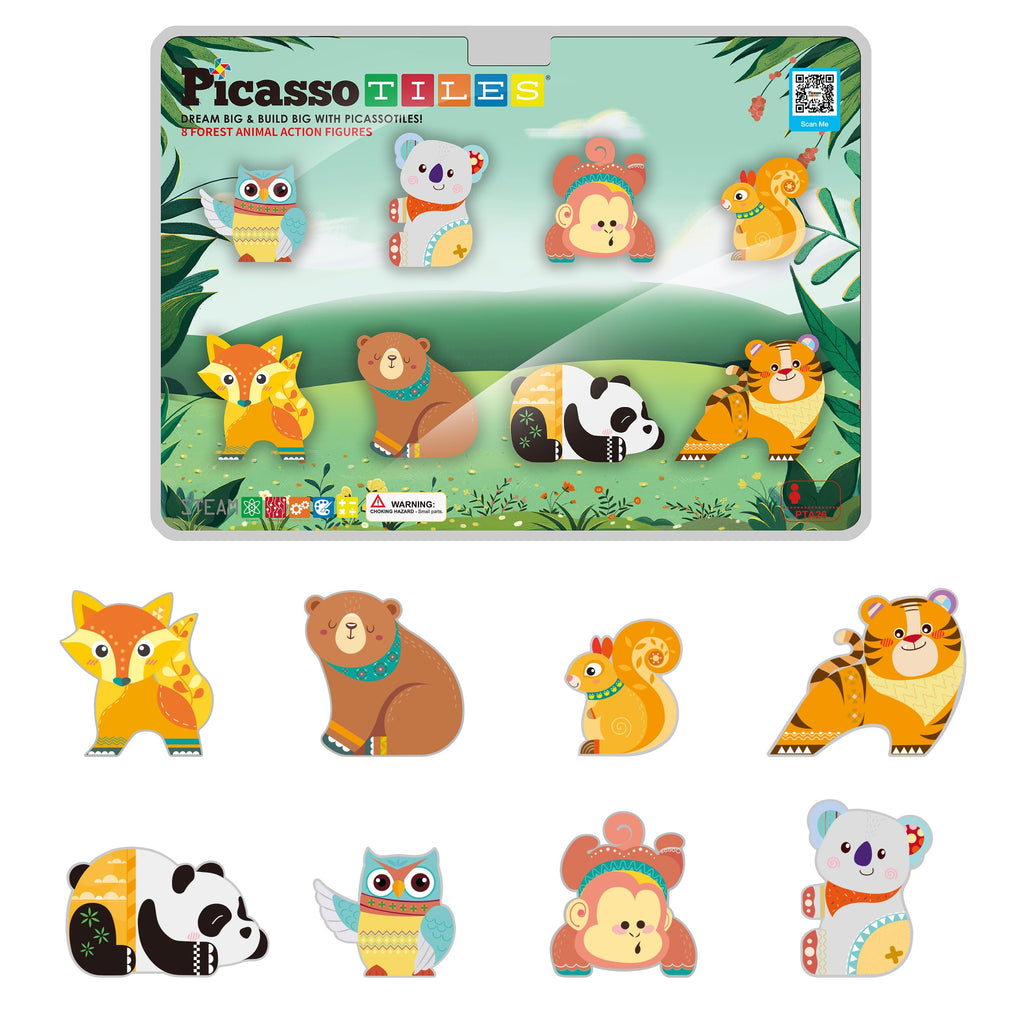 PicassoTiles Forest Animal Magnetic Action Figures Set - 8 Pieces Compatible with Building Tiles, STEM Learning Toys for Ages 3+