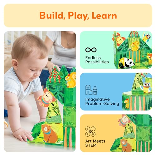PicassoTiles Forest Animal Magnetic Action Figures Set - 8 Pieces Compatible with Building Tiles, STEM Learning Toys for Ages 3+