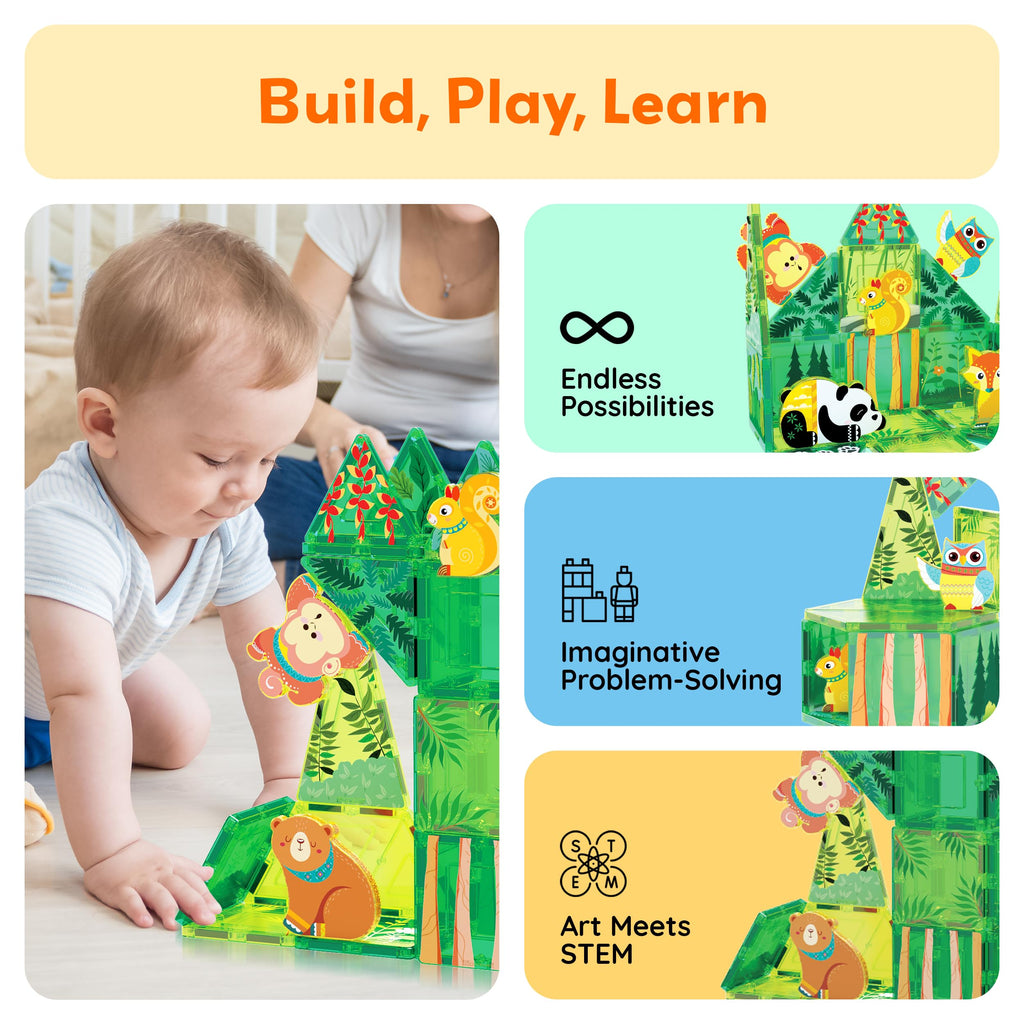PicassoTiles Forest Animal Magnetic Action Figures Set - 8 Pieces Compatible with Building Tiles, STEM Learning Toys for Ages 3+