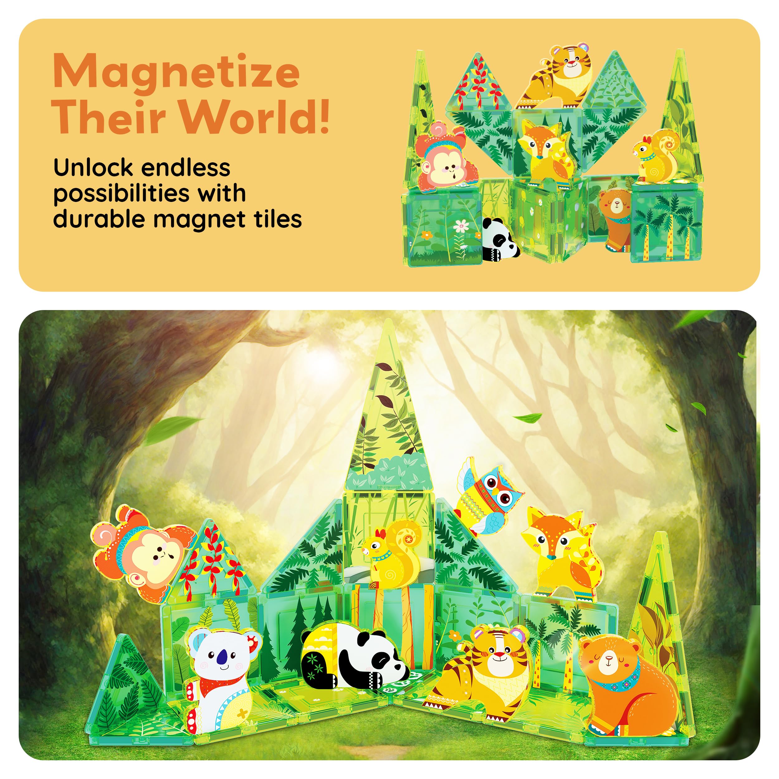 PicassoTiles Forest Animal Magnetic Action Figures Set - 8 Pieces Compatible with Building Tiles, STEM Learning Toys for Ages 3+