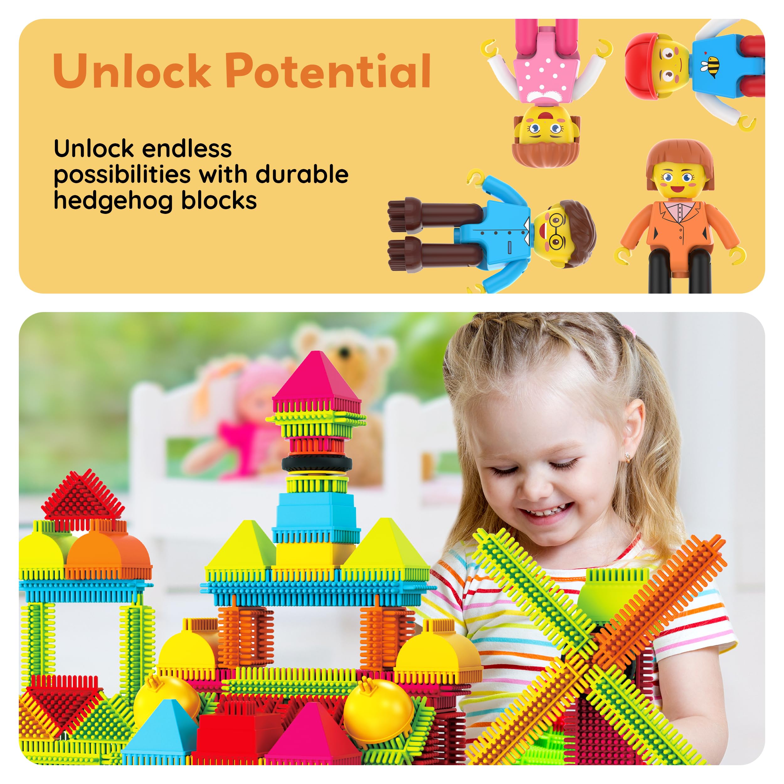 PicassoTiles Hedgehog Blocks 4-Piece Family Figures Add-On Set for STEM Building