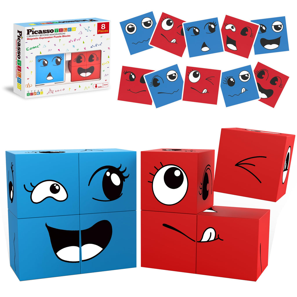 PicassoTiles Magnetic Expression Puzzle - 8-Piece Mix & Match Cube Set with 36 Cards, STEM Learning Toy for Ages 3+