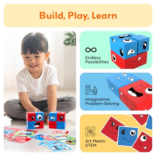 PicassoTiles Magnetic Expression Puzzle - 8-Piece Mix & Match Cube Set with 36 Cards, STEM Learning Toy for Ages 3+