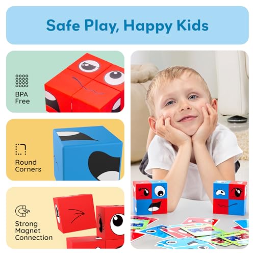 PicassoTiles Magnetic Expression Puzzle - 8-Piece Mix & Match Cube Set with 36 Cards, STEM Learning Toy for Ages 3+