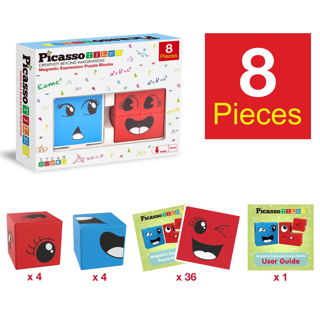 PicassoTiles Magnetic Expression Puzzle - 8-Piece Mix & Match Cube Set with 36 Cards, STEM Learning Toy for Ages 3+