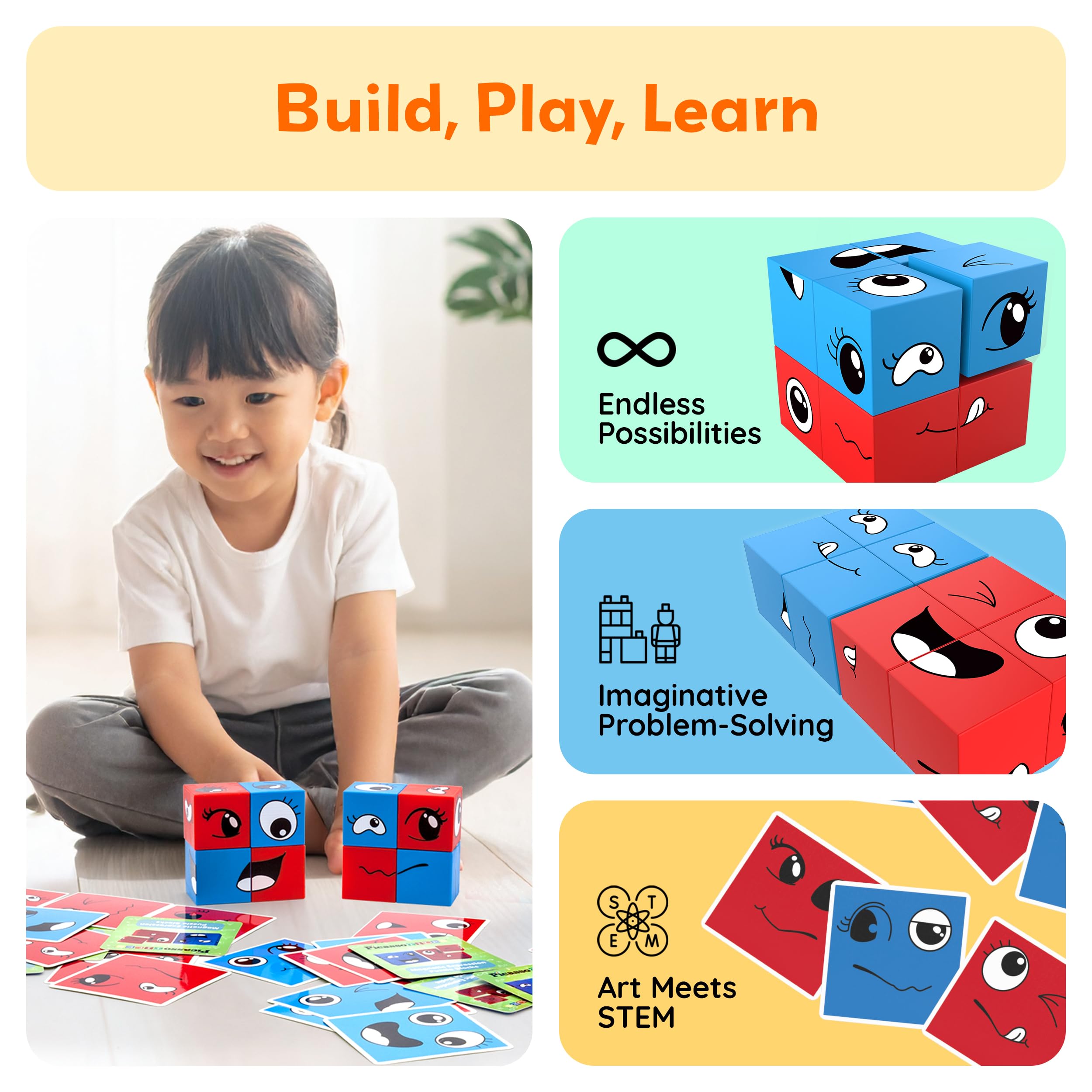 PicassoTiles Magnetic Expression Puzzle - 8-Piece Mix & Match Cube Set with 36 Cards, STEM Learning Toy for Ages 3+