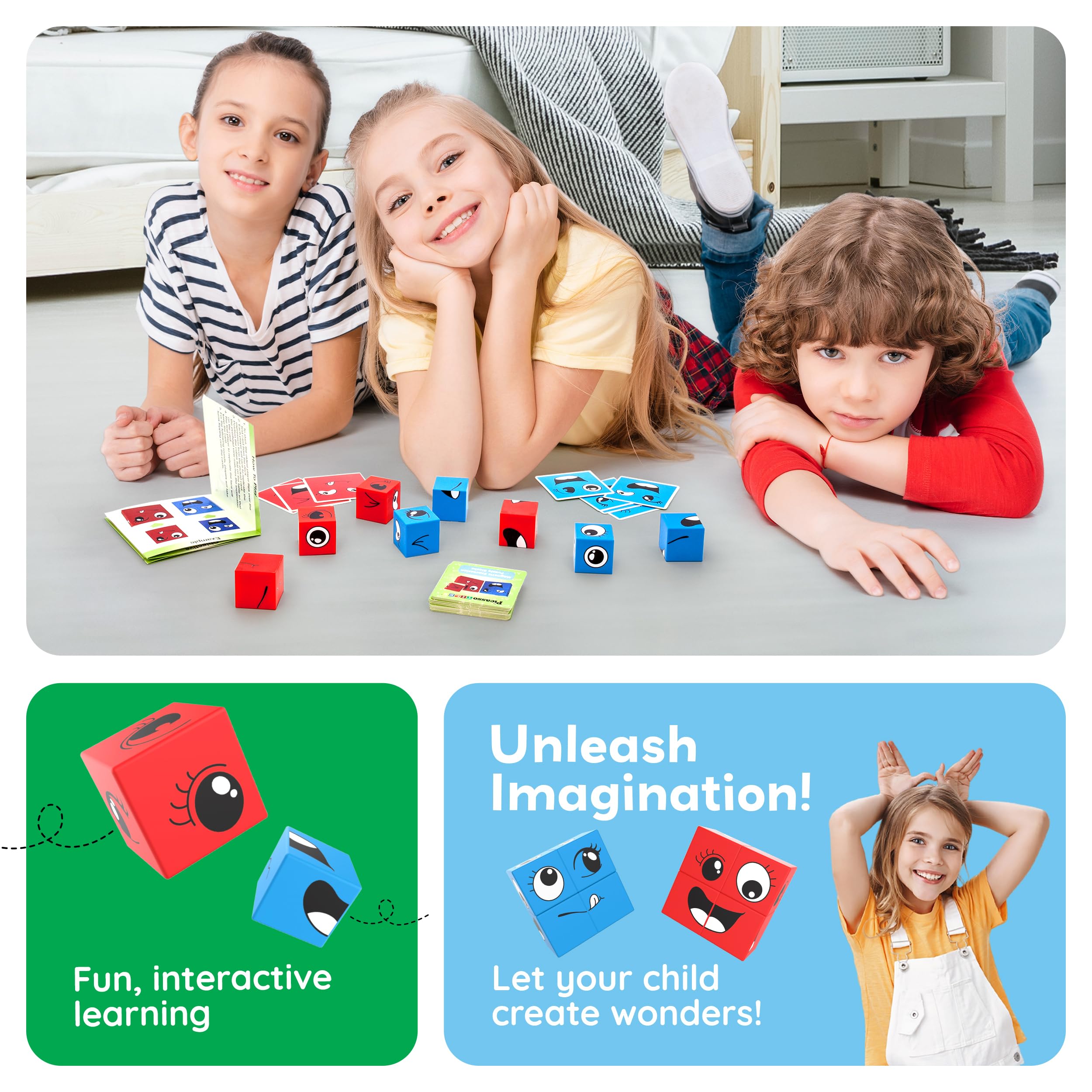 PicassoTiles Magnetic Expression Puzzle - 8-Piece Mix & Match Cube Set with 36 Cards, STEM Learning Toy for Ages 3+