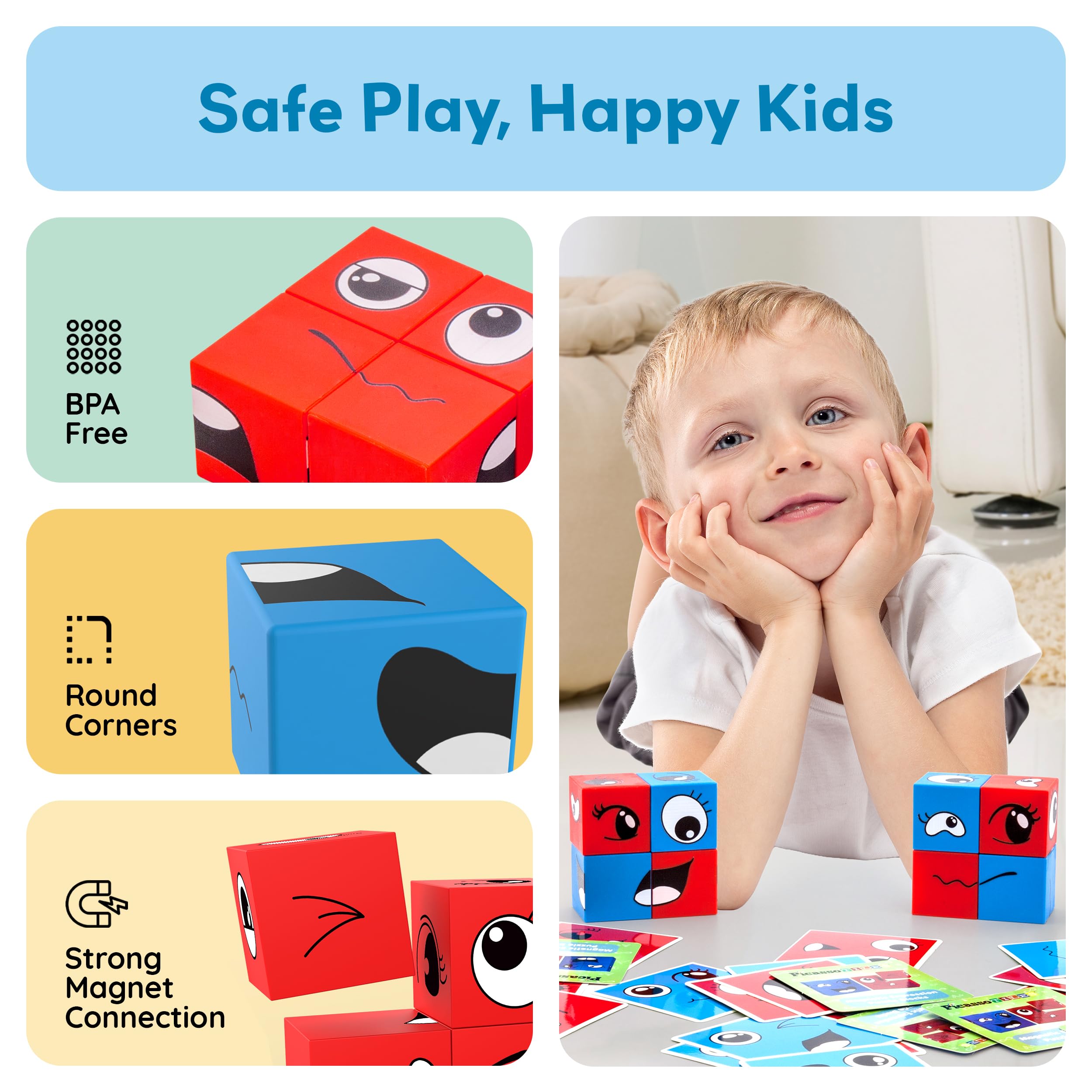 PicassoTiles Magnetic Expression Puzzle - 8-Piece Mix & Match Cube Set with 36 Cards, STEM Learning Toy for Ages 3+