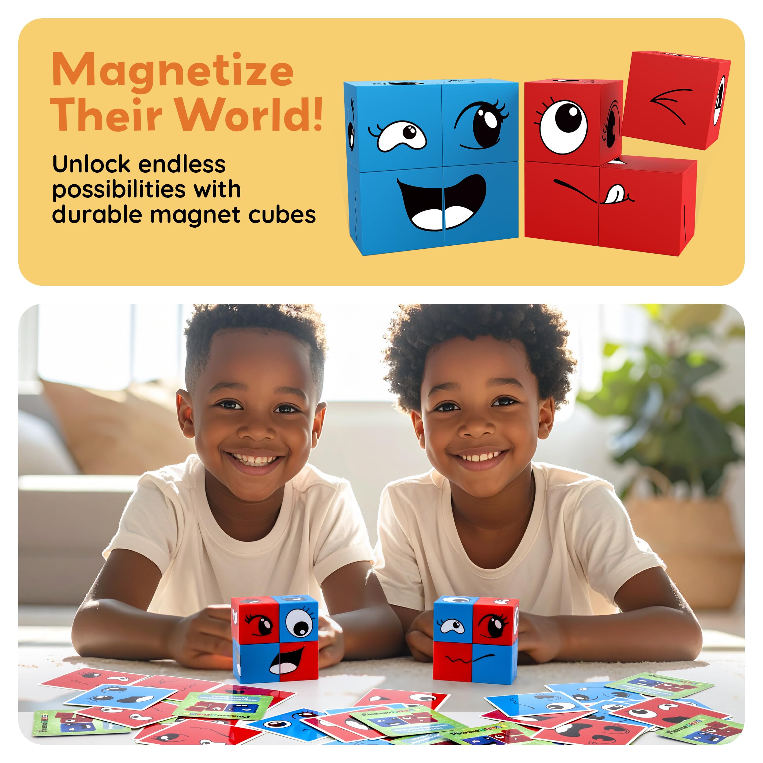 PicassoTiles Magnetic Expression Puzzle - 8-Piece Mix & Match Cube Set with 36 Cards, STEM Learning Toy for Ages 3+