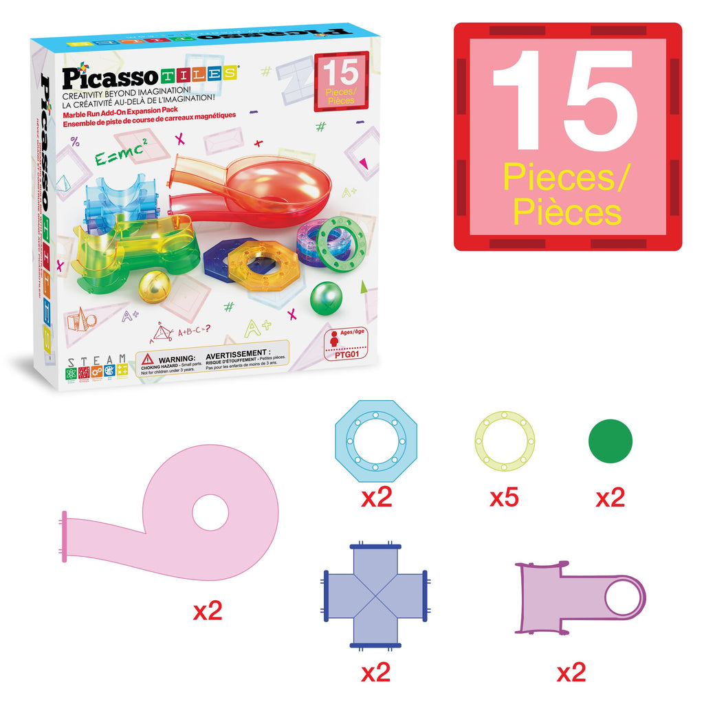 PicassoTiles Magnetic Marble Run Expansion Pack 15-Piece – Add-On for Magnet Tile Building Blocks, STEM Toy Ages 3+