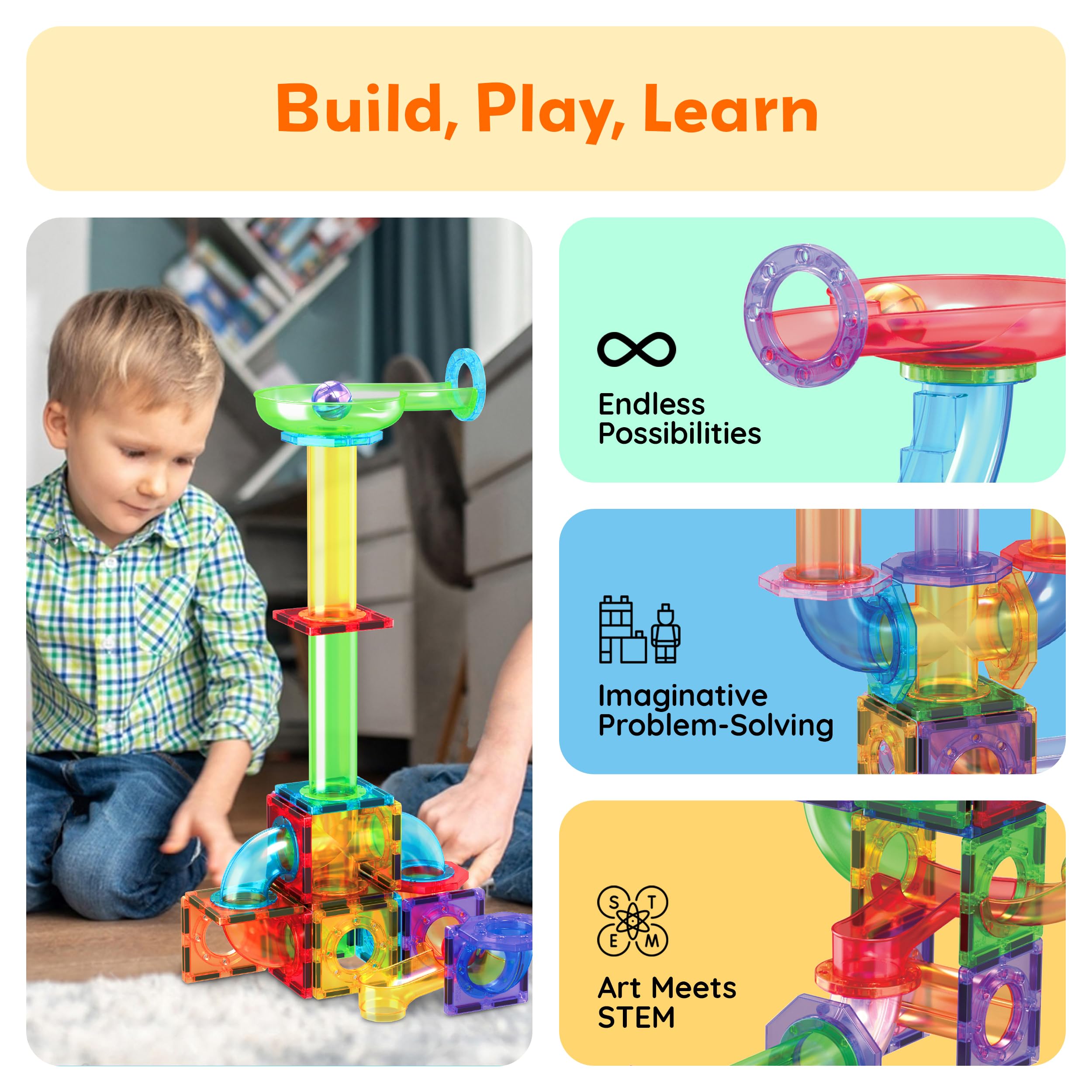 PicassoTiles Magnetic Marble Run Expansion Pack 15-Piece – Add-On for Magnet Tile Building Blocks, STEM Toy Ages 3+