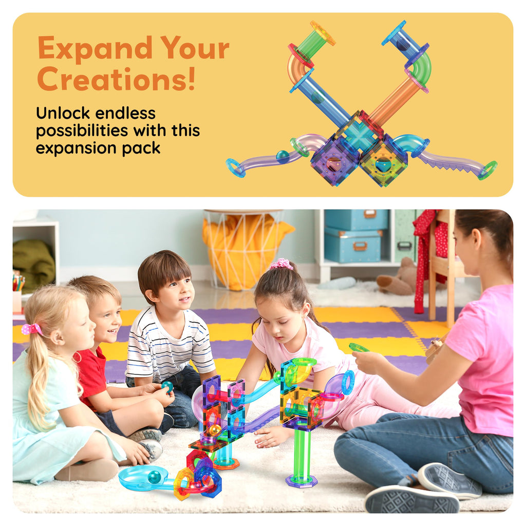 PicassoTiles Magnetic Marble Run Expansion Pack 15-Piece – Add-On for Magnet Tile Building Blocks, STEM Toy Ages 3+