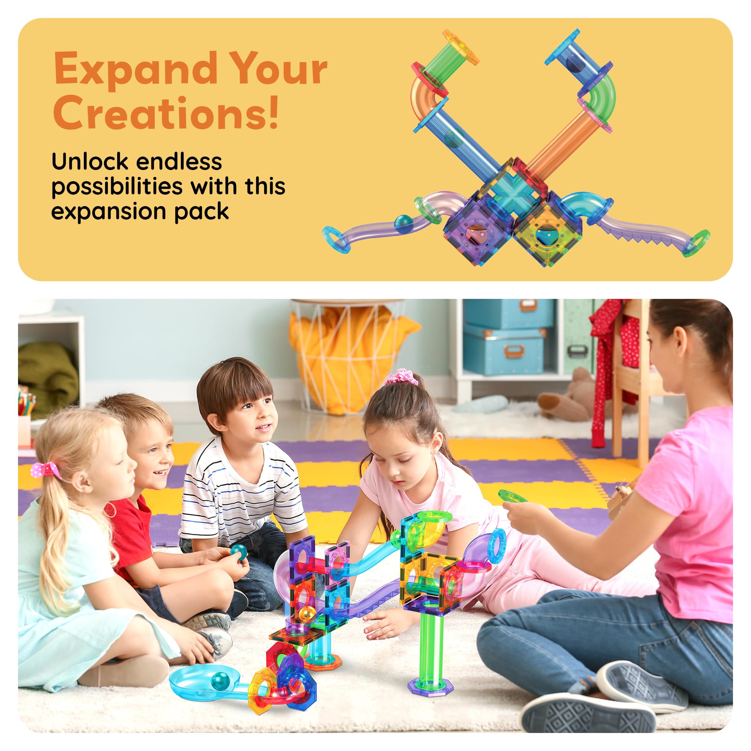 PicassoTiles Magnetic Marble Run Expansion Pack 15-Piece – Add-On for Magnet Tile Building Blocks, STEM Toy Ages 3+