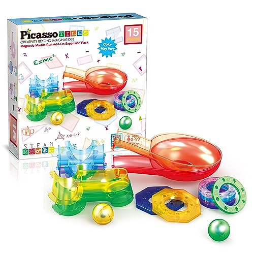 PicassoTiles Magnetic Marble Run Expansion Pack 15-Piece – Add-On for Magnet Tile Building Blocks, STEM Toy Ages 3+