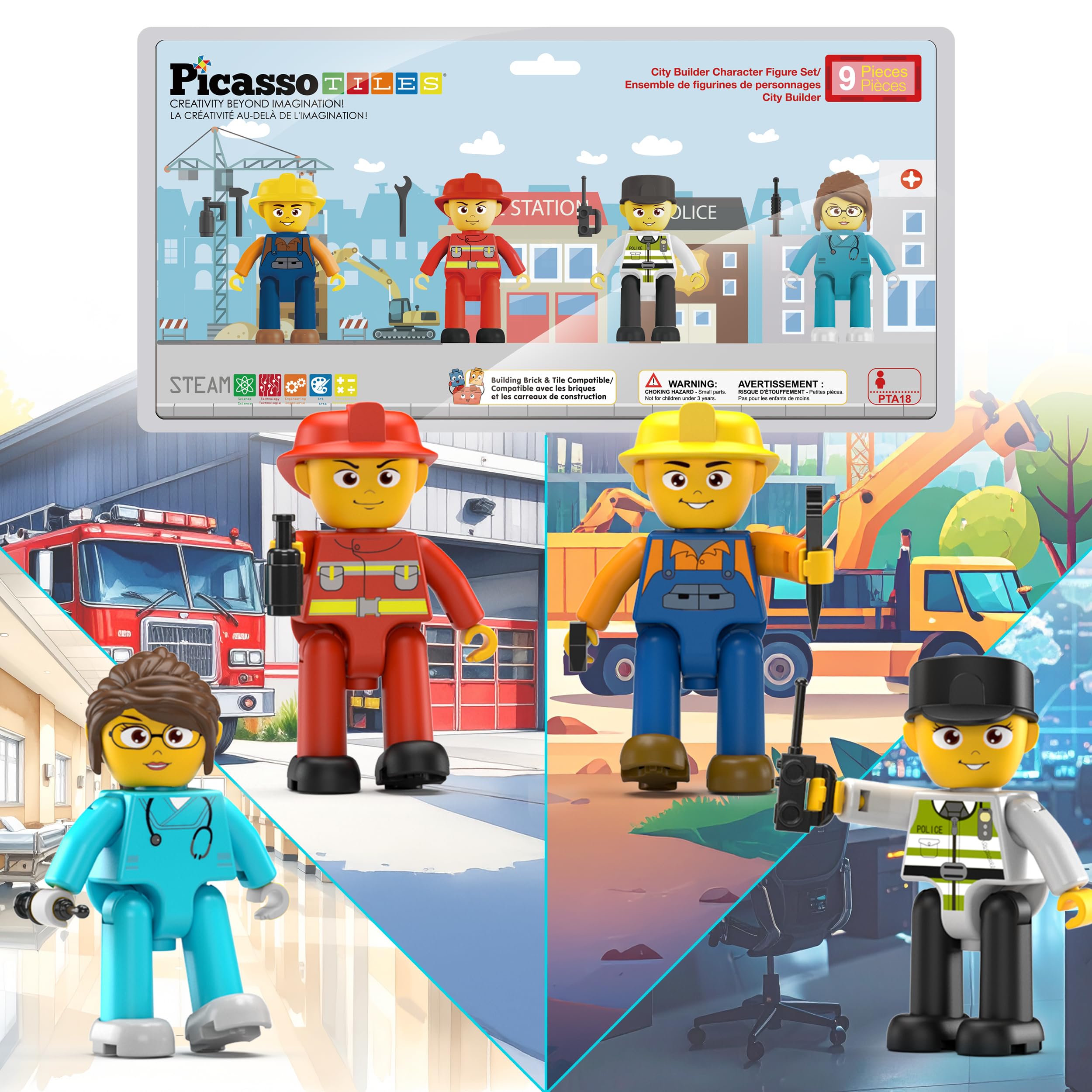 PicassoTiles Magnetic Tiles Action Figures 4 Pack – City Characters for Pretend Play, STEM Learning, Ages 3+