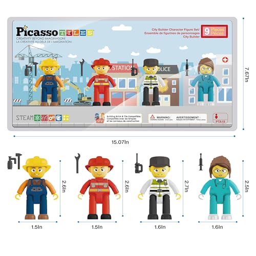 PicassoTiles Magnetic Tiles Action Figures 4 Pack – City Characters for Pretend Play, STEM Learning, Ages 3+