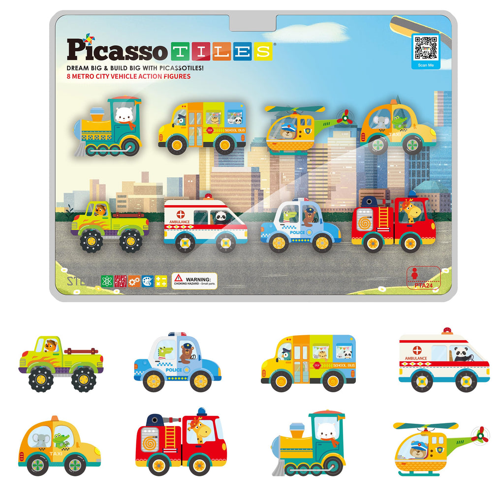 PicassoTiles Metro City 8-Piece Vehicle Set – Magnetized Action Figures for Magnetic Tile Kits, STEAM Building Toy for Ages 3+ (PTA24)