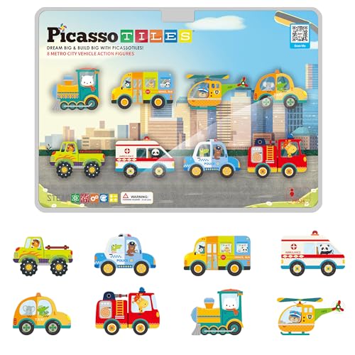 PicassoTiles Metro City 8-Piece Vehicle Set – Magnetized Action Figures for Magnetic Tile Kits, STEAM Building Toy for Ages 3+ (PTA24)