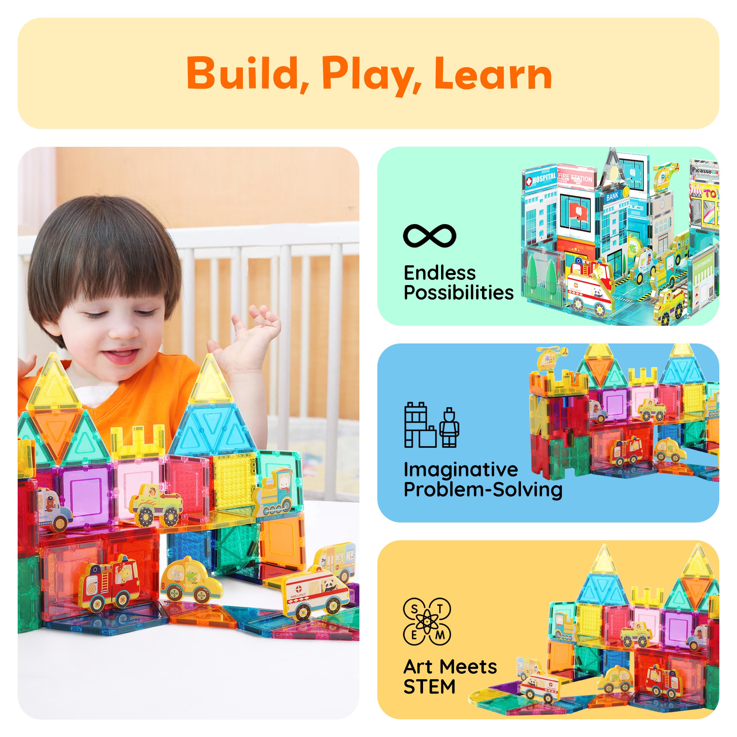 PicassoTiles Metro City 8-Piece Vehicle Set – Magnetized Action Figures for Magnetic Tile Kits, STEAM Building Toy for Ages 3+ (PTA24)