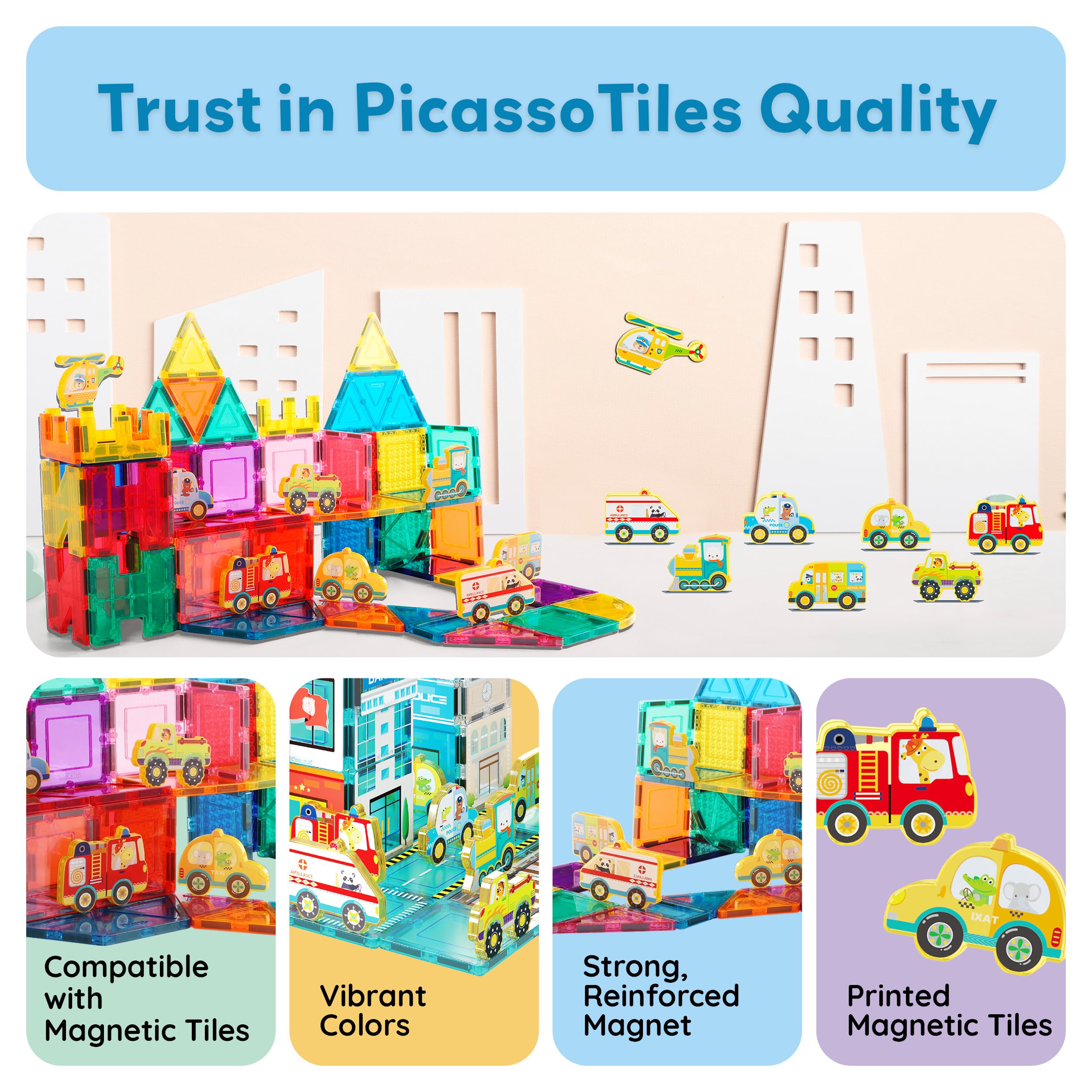 PicassoTiles Metro City 8-Piece Vehicle Set – Magnetized Action Figures for Magnetic Tile Kits, STEAM Building Toy for Ages 3+ (PTA24)