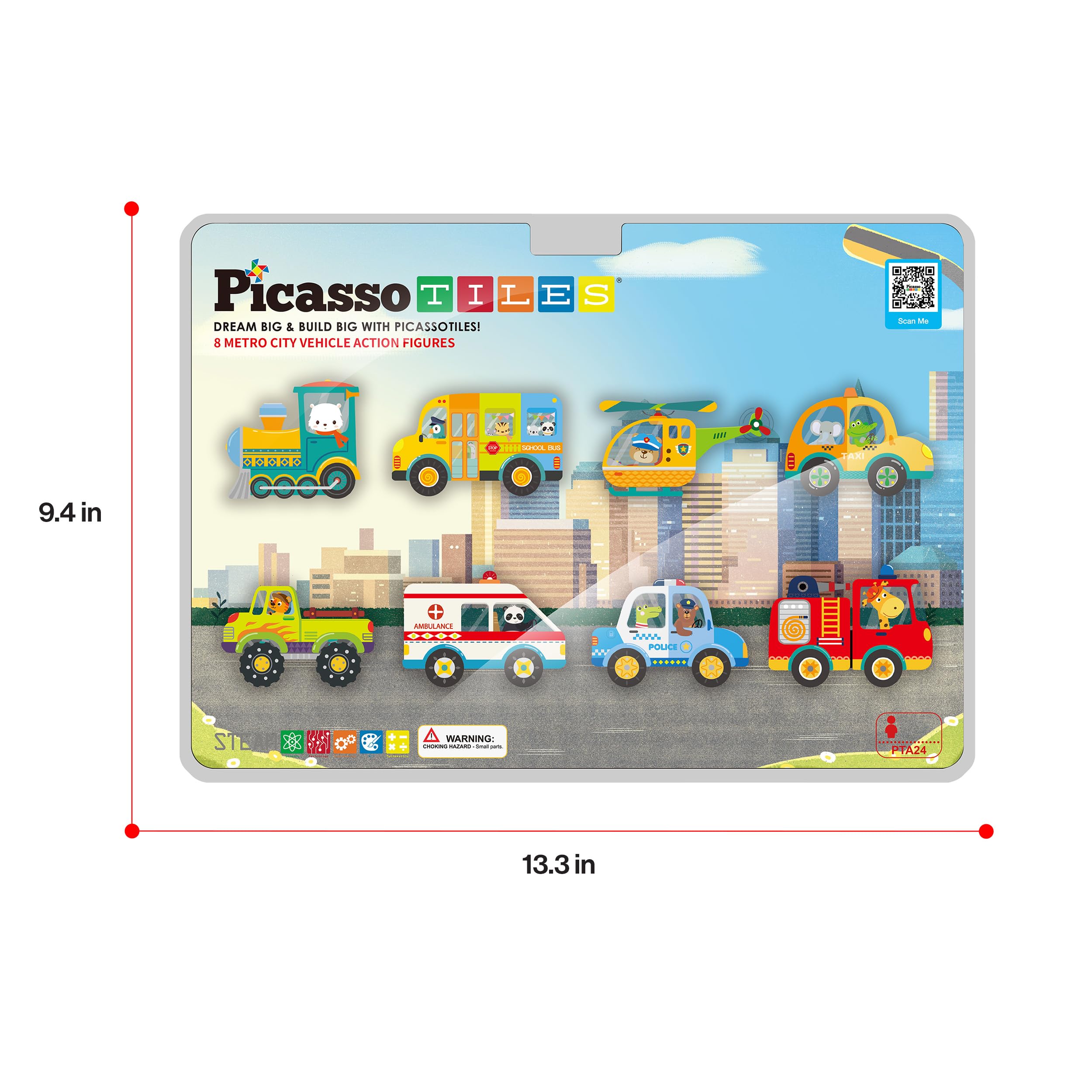 PicassoTiles Metro City 8-Piece Vehicle Set – Magnetized Action Figures for Magnetic Tile Kits, STEAM Building Toy for Ages 3+ (PTA24)