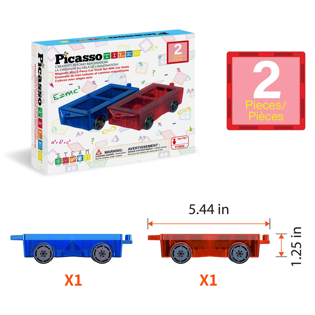 PicassoTiles Mini Car Set 2-Pack – Compatible with Mini Diamond Magnetic Tiles & Regular Bricks