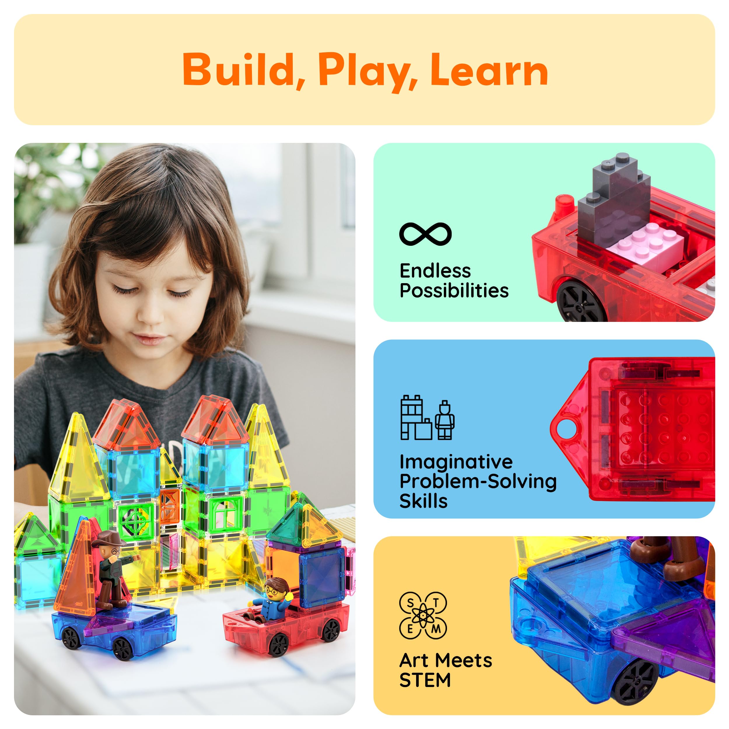 PicassoTiles Mini Car Set 2-Pack – Compatible with Mini Diamond Magnetic Tiles & Regular Bricks