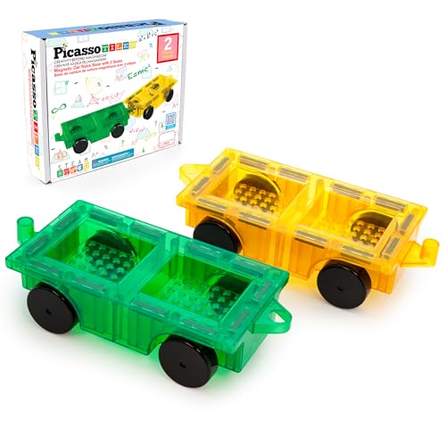 PicassoTiles PT21 2-Piece Magnetic Car Base Set – Compatible with Bricks & Tiles, STEM Toy for Ages 3+