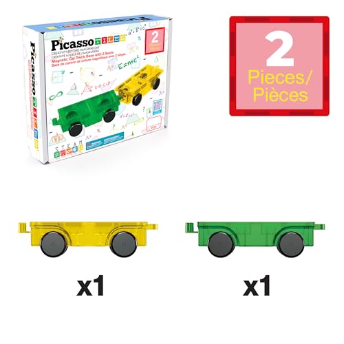PicassoTiles PT21 2-Piece Magnetic Car Base Set – Compatible with Bricks & Tiles, STEM Toy for Ages 3+