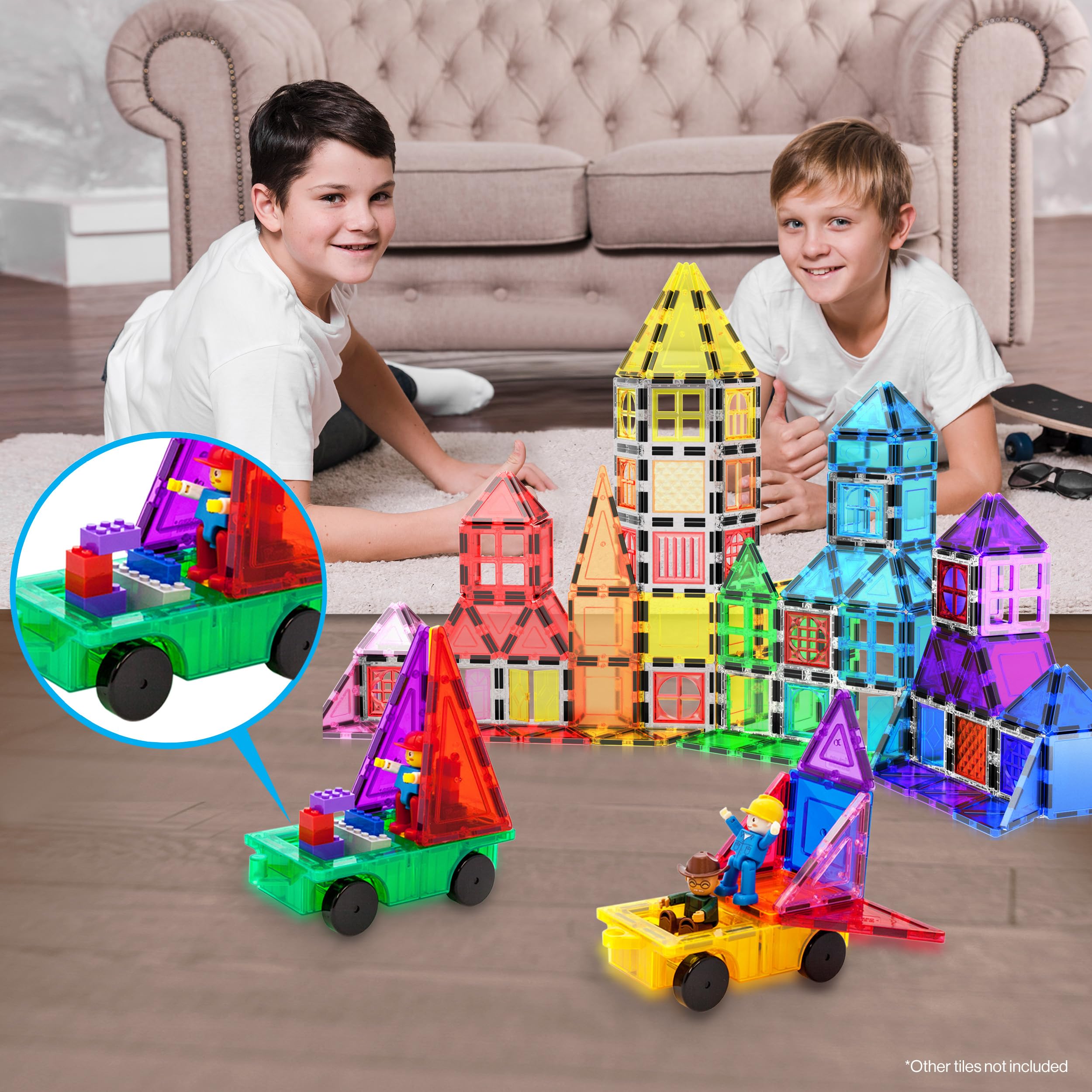 PicassoTiles PT21 2-Piece Magnetic Car Base Set – Compatible with Bricks & Tiles, STEM Toy for Ages 3+
