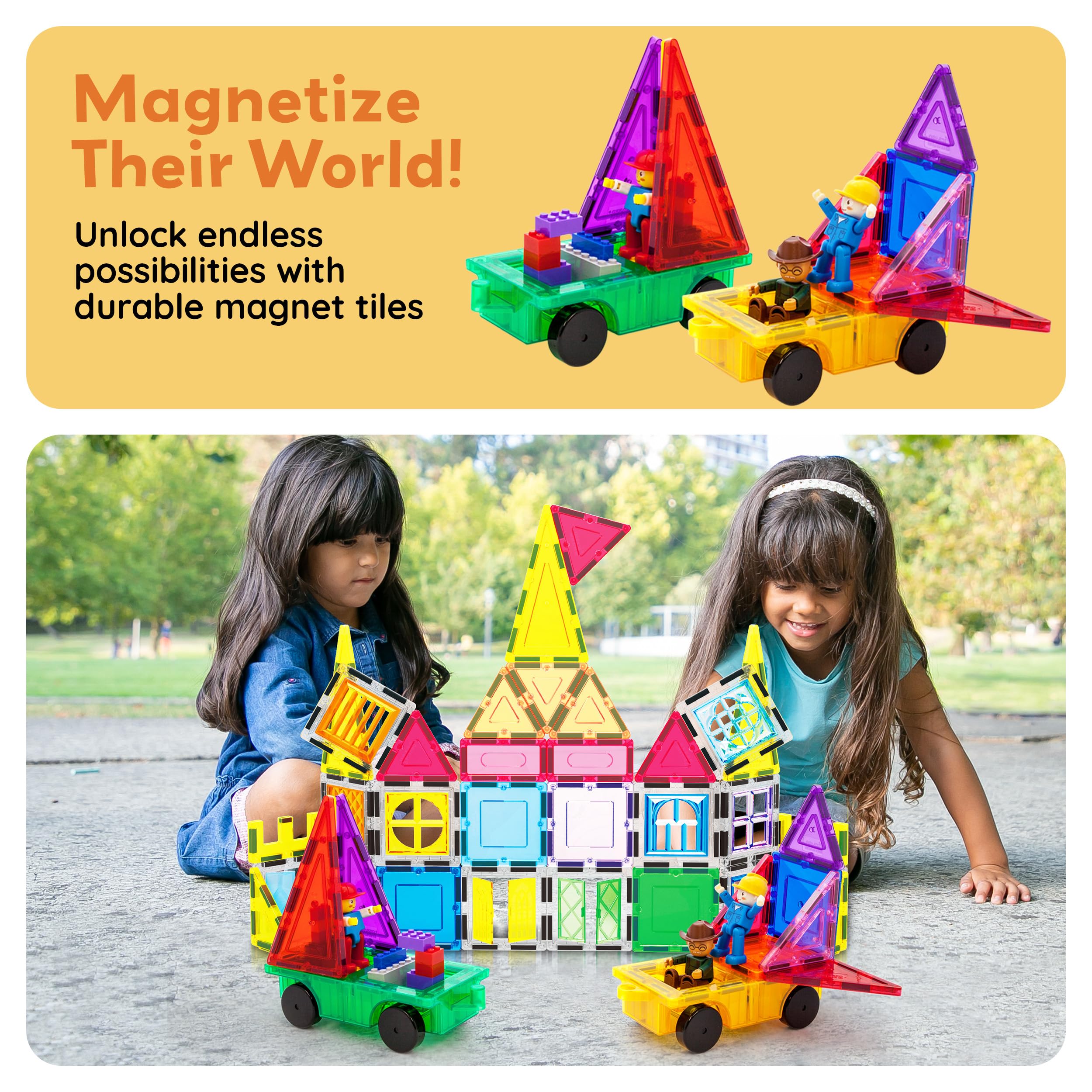 PicassoTiles PT21 2-Piece Magnetic Car Base Set – Compatible with Bricks & Tiles, STEM Toy for Ages 3+